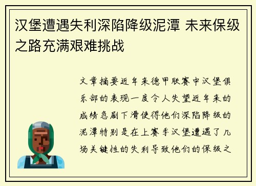 汉堡遭遇失利深陷降级泥潭 未来保级之路充满艰难挑战