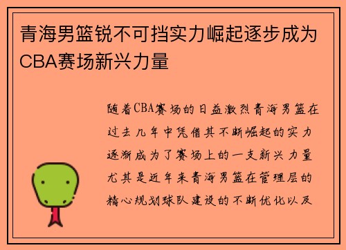 青海男篮锐不可挡实力崛起逐步成为CBA赛场新兴力量